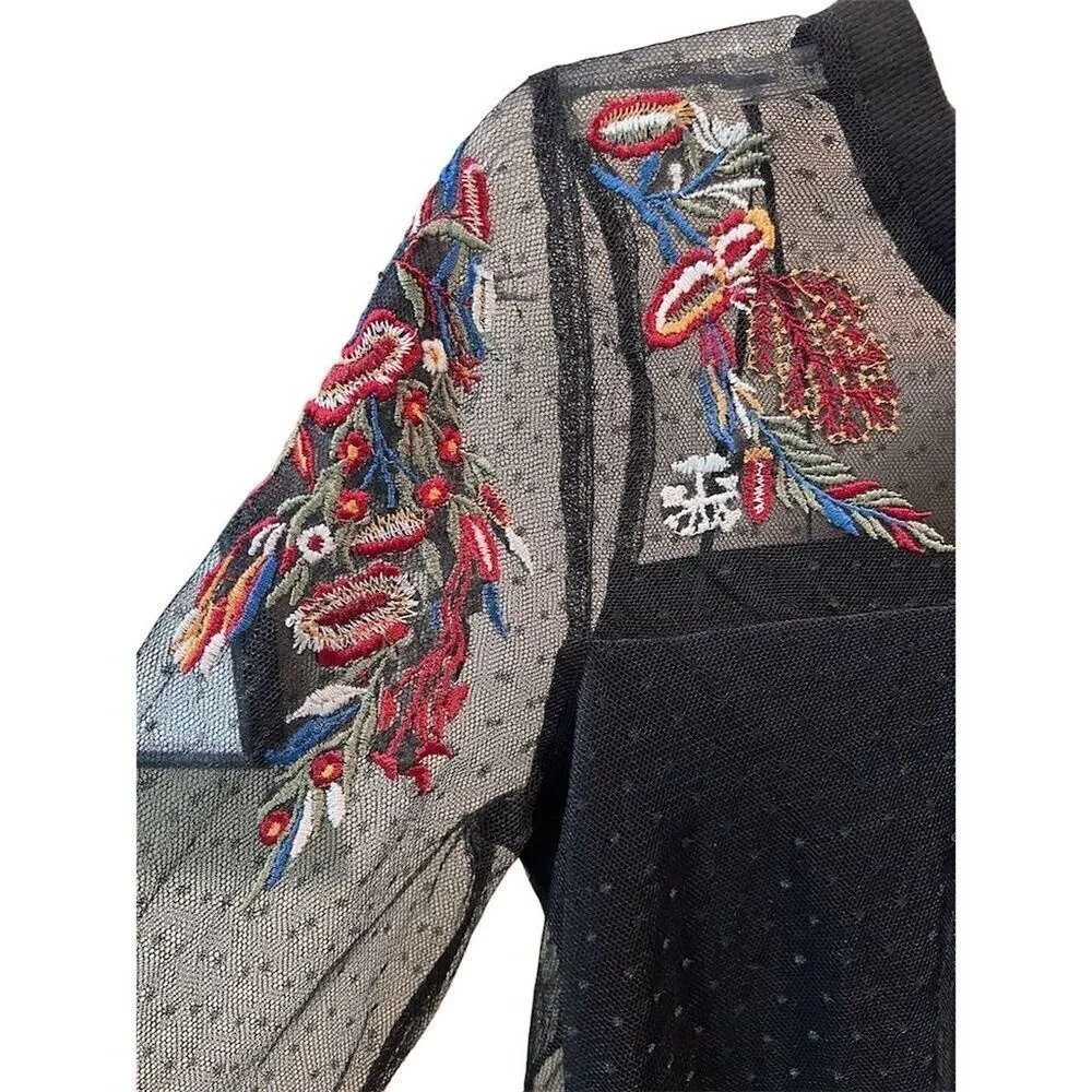 Paradiso Women's Floral Embroidered Mesh Top Black S Bell Sleeves - Picture 7 of 8